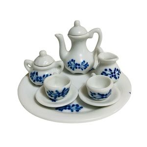 Vintage Miniature China Tea Set Doll House Collectible Blue Floral 10 Piece Set